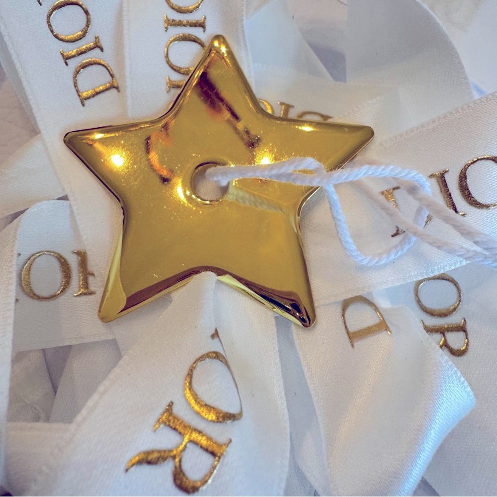 Dior Gold Star Ornament Charm with White Logo Ribbon